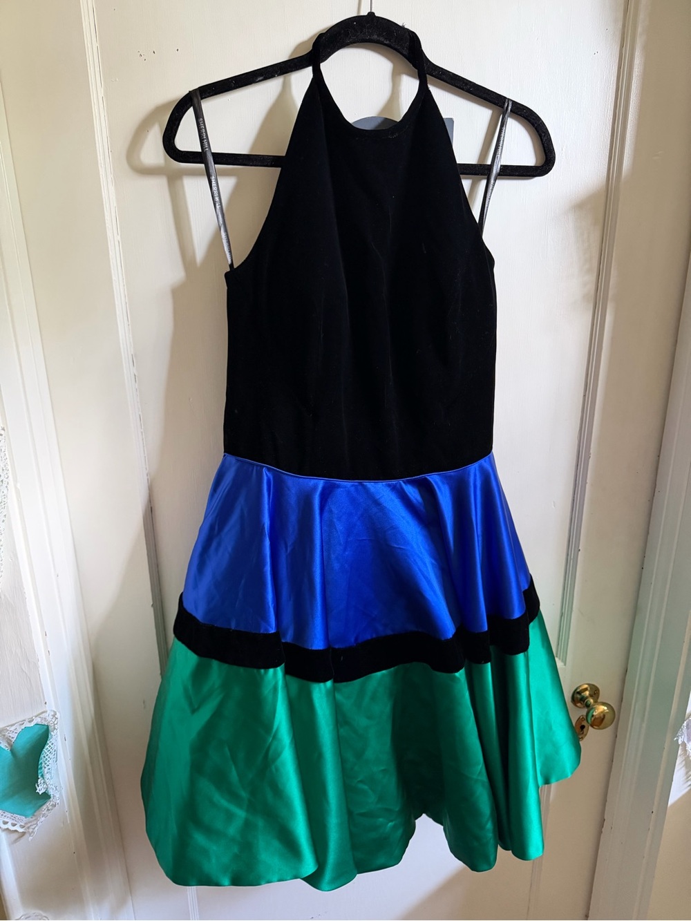 Sherri Hill semi-formal/Homecoming  Dress in Black velvet, Blue & Green satin